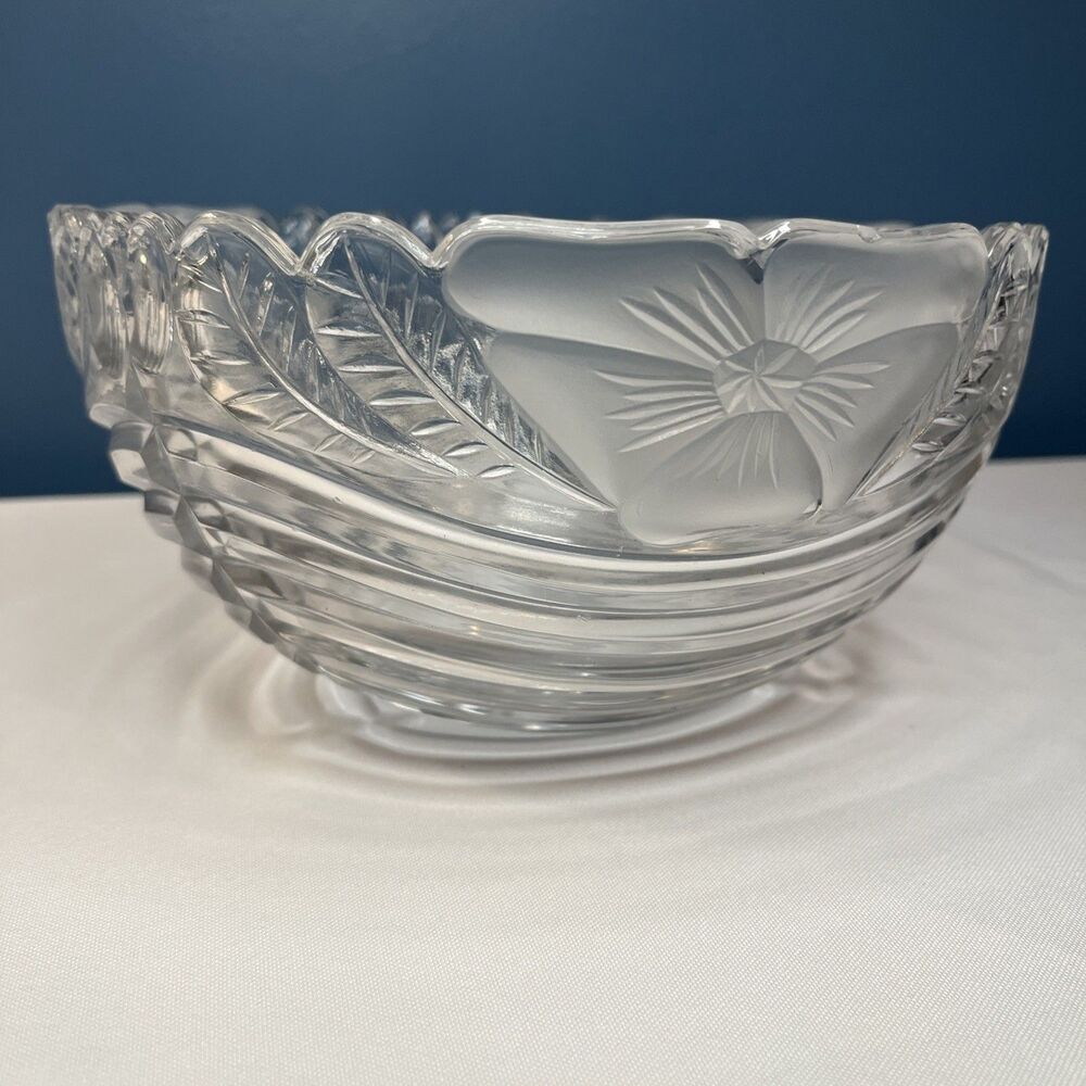 Vintage 24% Lead Crystal Bowl with Frosted Flowers and Scalloped Rim